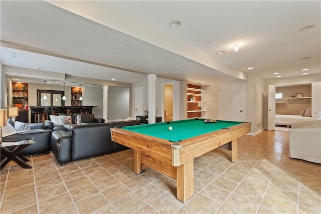 rec room featuring recessed lighting, billiards, baseboards, and light tile patterned flooring