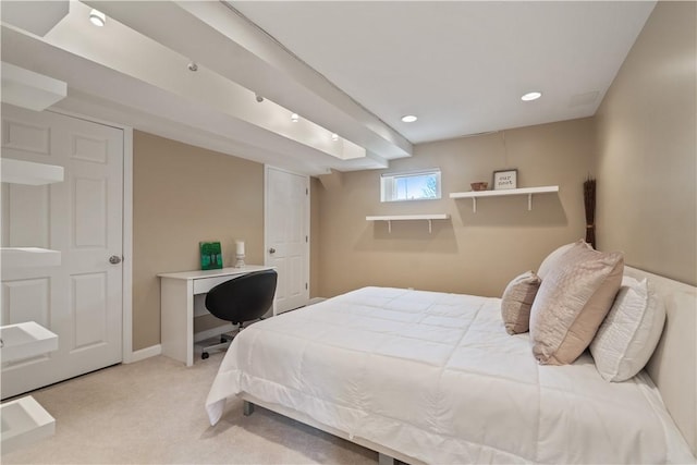 bedroom with light carpet, baseboards, and recessed lighting