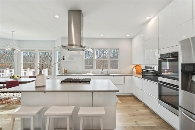 kitchen featuring appliances with stainless steel finishes, a sink, a kitchen island, island range hood, and modern cabinets