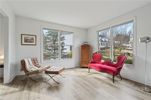 living area with wood finished floors, a wealth of natural light, and baseboards