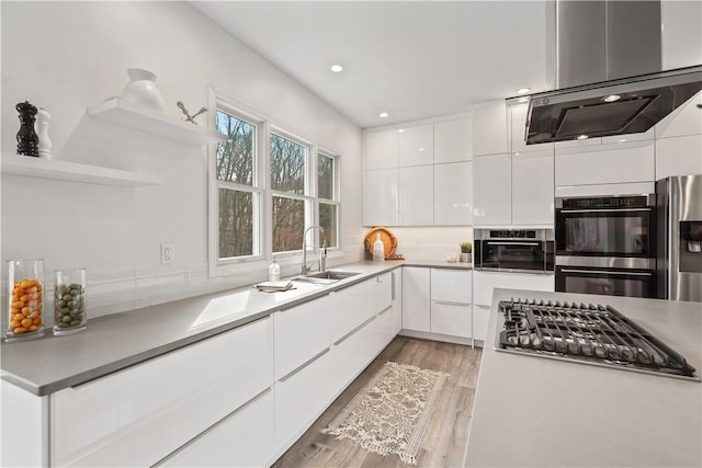 kitchen with white cabinets, modern cabinets, stainless steel appliances, and a sink