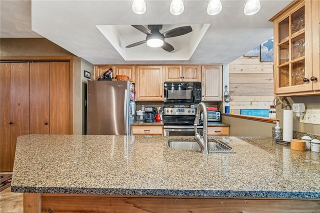 kitchen featuring stone countertops, a raised ceiling, glass insert cabinets, appliances with stainless steel finishes, and a sink