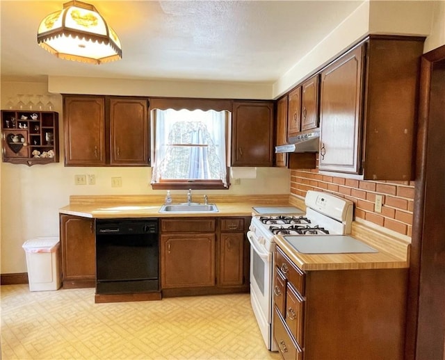 kitchen with black dishwasher, light floors, a sink, white range with gas stovetop, and under cabinet range hood