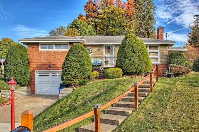 view of front of property featuring driveway, a garage, a front lawn, and brick siding