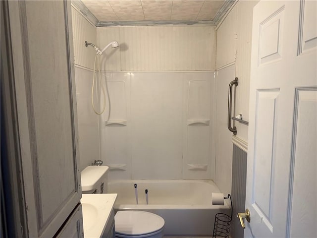 full bathroom featuring shower / bathing tub combination, vanity, and toilet