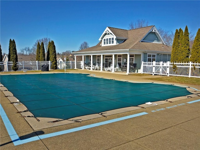 view of pool featuring a fenced in pool, a patio area, and fence