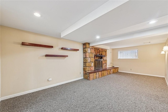 unfurnished living room with baseboards, carpet flooring, and recessed lighting