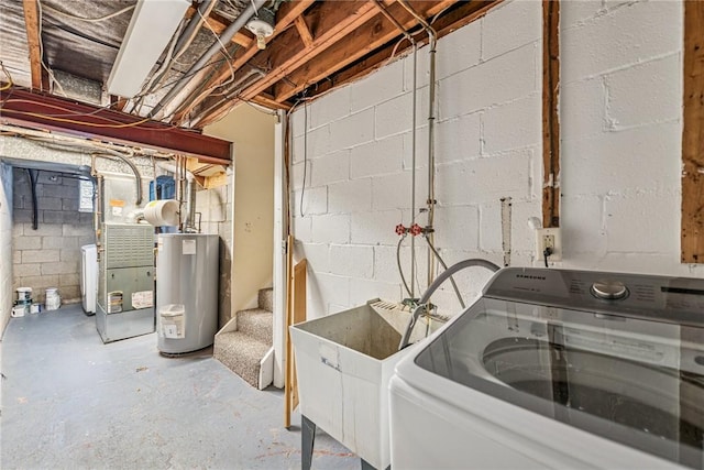 unfinished below grade area with gas water heater, heating unit, washer / clothes dryer, a sink, and stairs