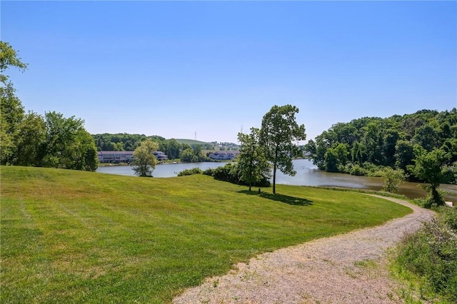 view of community featuring a lawn and a water view