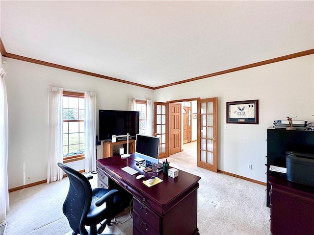 office featuring light carpet, baseboards, and french doors