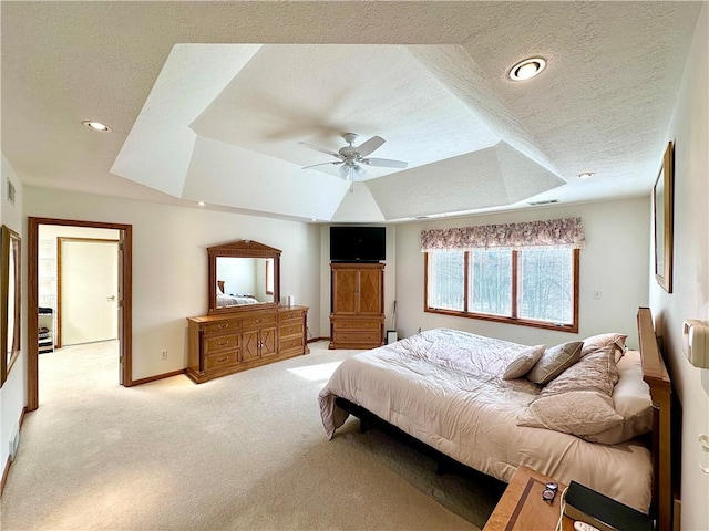 bedroom with light carpet, visible vents, baseboards, a textured ceiling, and recessed lighting