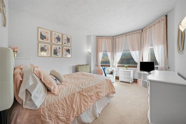 bedroom with light colored carpet