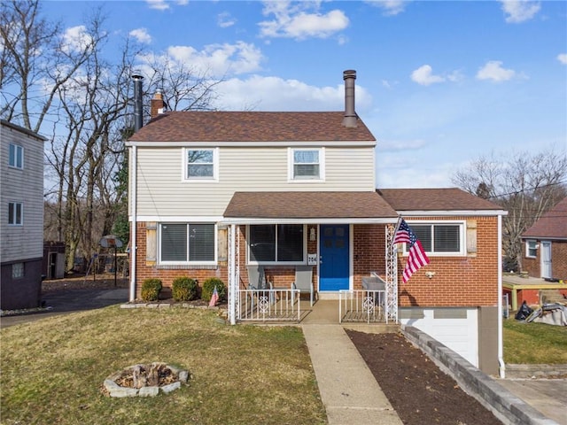 view of front of house with a porch, a chimney, brick siding, and a fire pit