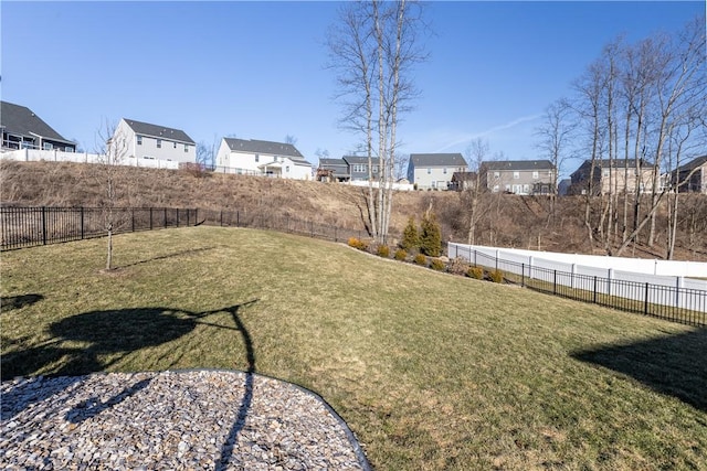 view of yard with a fenced backyard and a residential view