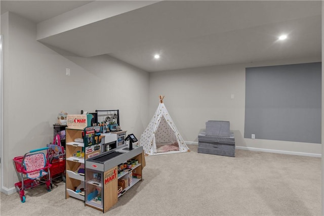 game room with recessed lighting, carpet, and baseboards