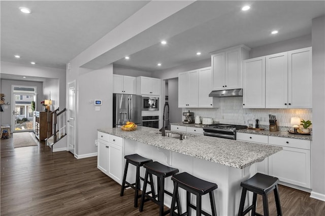 kitchen featuring dark wood-type flooring, a sink, stainless steel appliances, under cabinet range hood, and backsplash