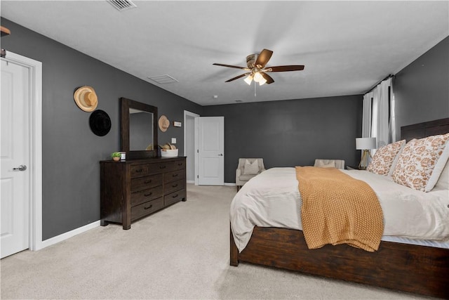 bedroom featuring carpet floors, a ceiling fan, visible vents, and baseboards