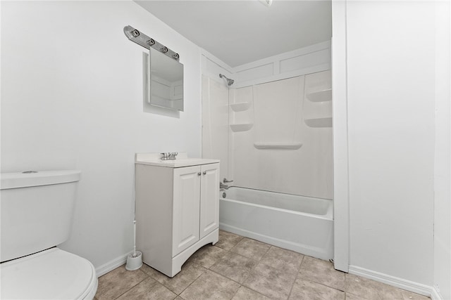 full bath featuring  shower combination, vanity, toilet, and baseboards