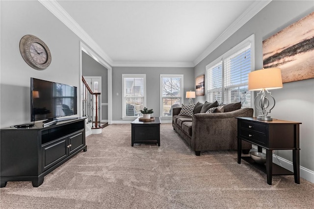 living room featuring light colored carpet, crown molding, stairway, and baseboards