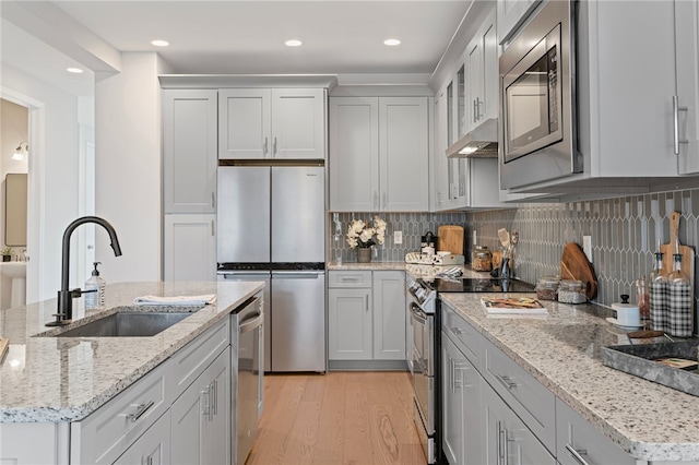 kitchen with stainless steel appliances, tasteful backsplash, a sink, light wood-type flooring, and under cabinet range hood