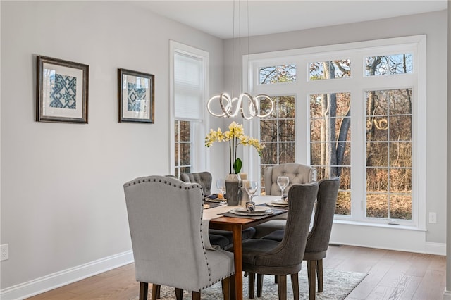 dining space with baseboards, a wealth of natural light, and wood finished floors