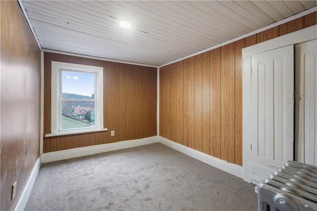 carpeted spare room with wooden walls and baseboards