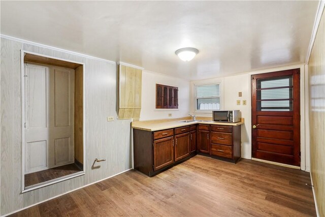 interior space with light countertops, stainless steel microwave, a sink, and light wood finished floors