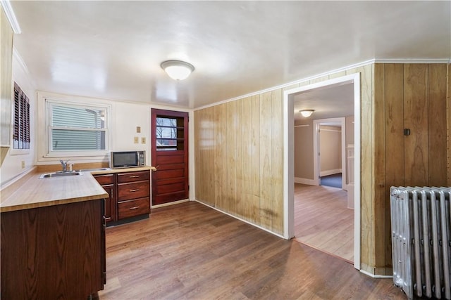 kitchen featuring wooden walls, radiator, wood finished floors, light countertops, and a sink