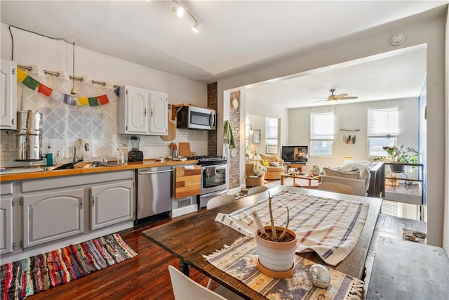 kitchen featuring backsplash, dark wood-style flooring, stainless steel appliances, and a sink