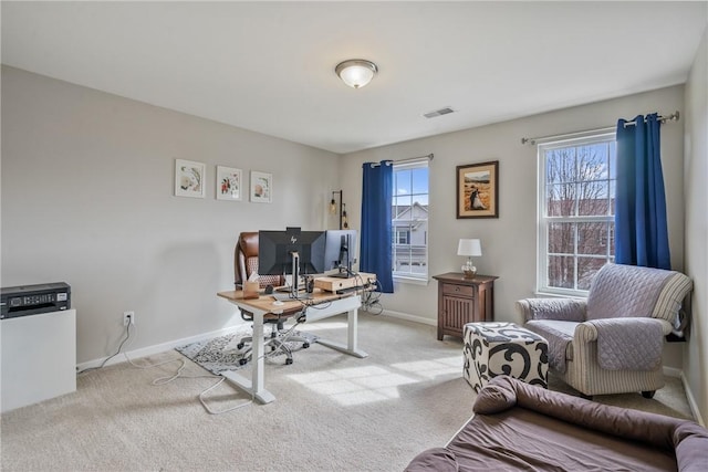 office area featuring a wealth of natural light, baseboards, and carpet flooring