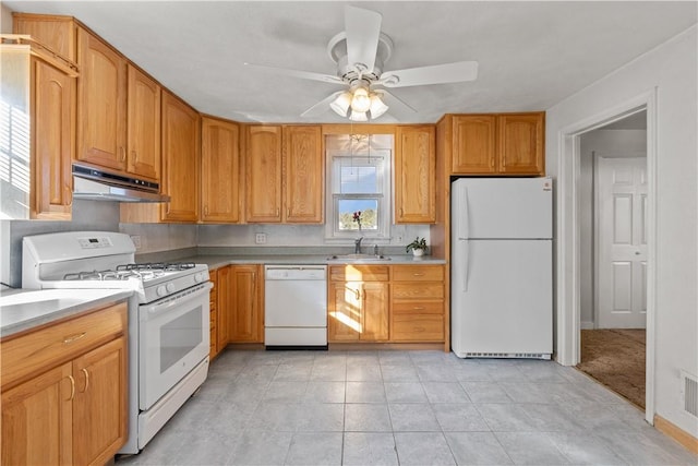 kitchen featuring white appliances, a ceiling fan, light countertops, under cabinet range hood, and a sink