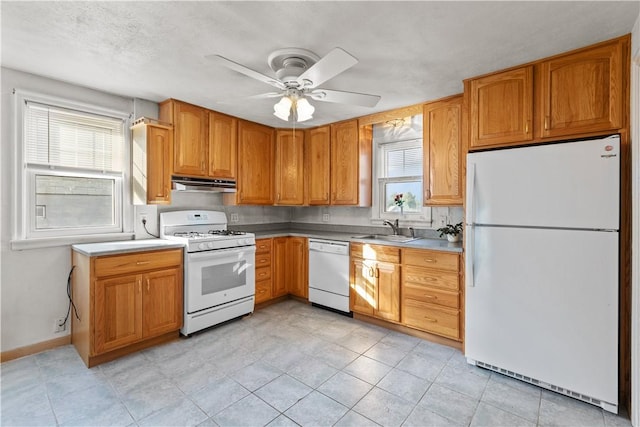 kitchen featuring ceiling fan, under cabinet range hood, white appliances, a sink, and baseboards