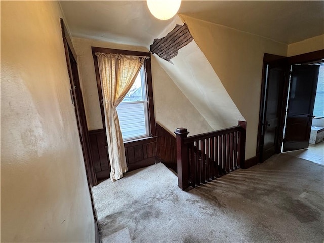 bonus room with lofted ceiling, wood walls, carpet flooring, and wainscoting