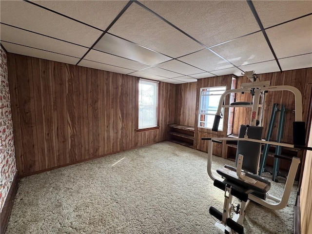 exercise room featuring a paneled ceiling, light colored carpet, and wooden walls