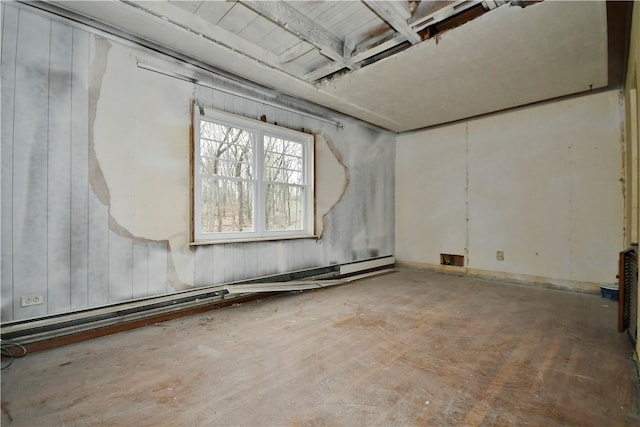 empty room featuring a baseboard heating unit