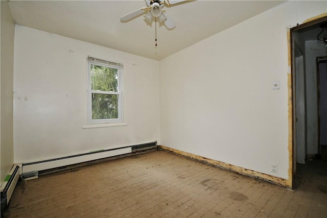 empty room featuring a baseboard radiator, wood-type flooring, a ceiling fan, and baseboards