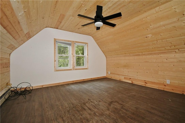 additional living space with lofted ceiling, ceiling fan, wood walls, wood finished floors, and wood ceiling