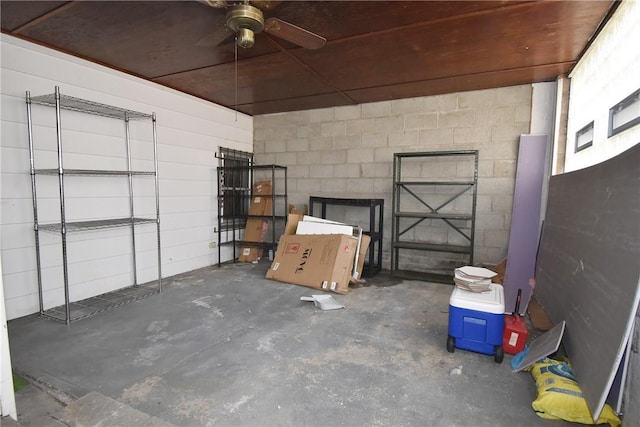 storage with a garage and ceiling fan