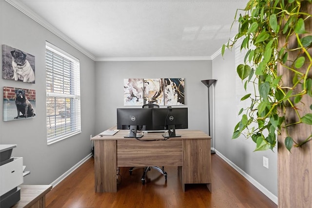 office space featuring ornamental molding, dark wood-style flooring, and baseboards