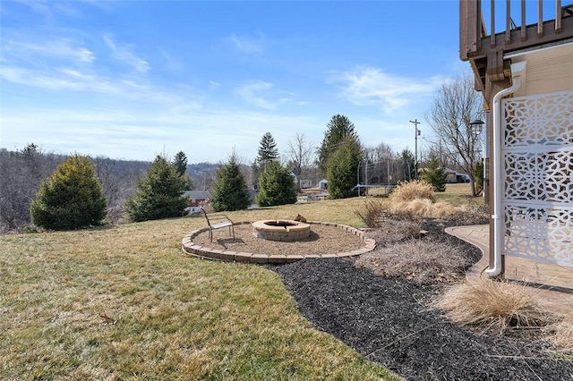 view of yard featuring an outdoor fire pit and a trampoline