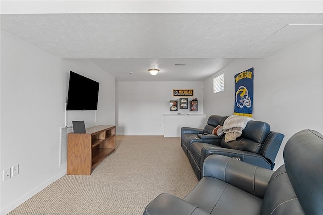 living area featuring visible vents, a textured ceiling, and light colored carpet