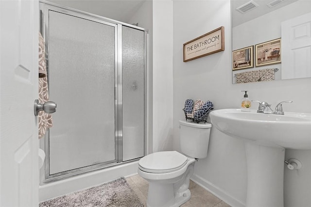 full bath with a stall shower, tile patterned flooring, visible vents, and toilet