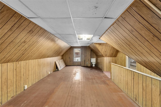 additional living space featuring lofted ceiling, wood walls, and hardwood / wood-style floors