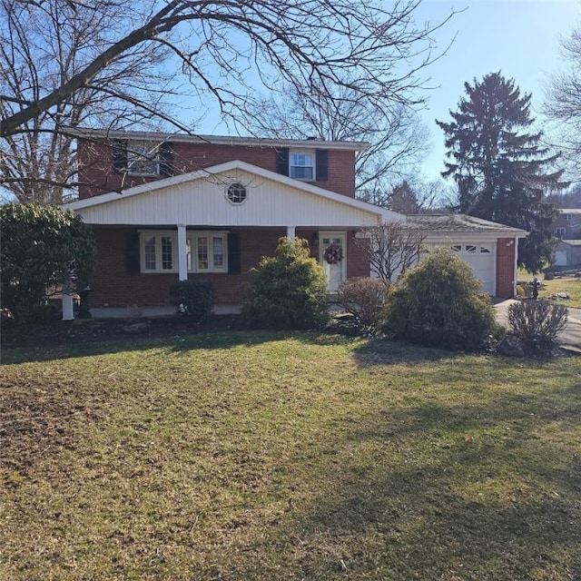 view of front facade with a garage, brick siding, a porch, and a front yard