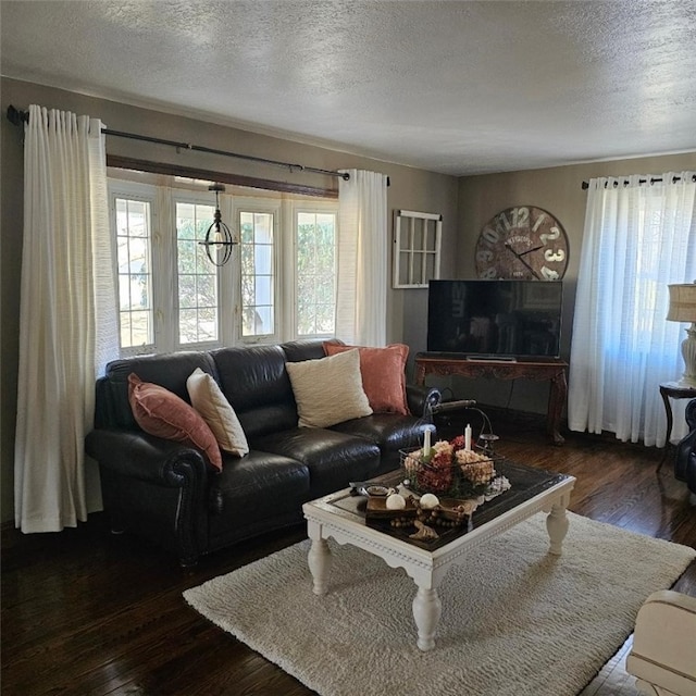 living area featuring a textured ceiling and wood finished floors