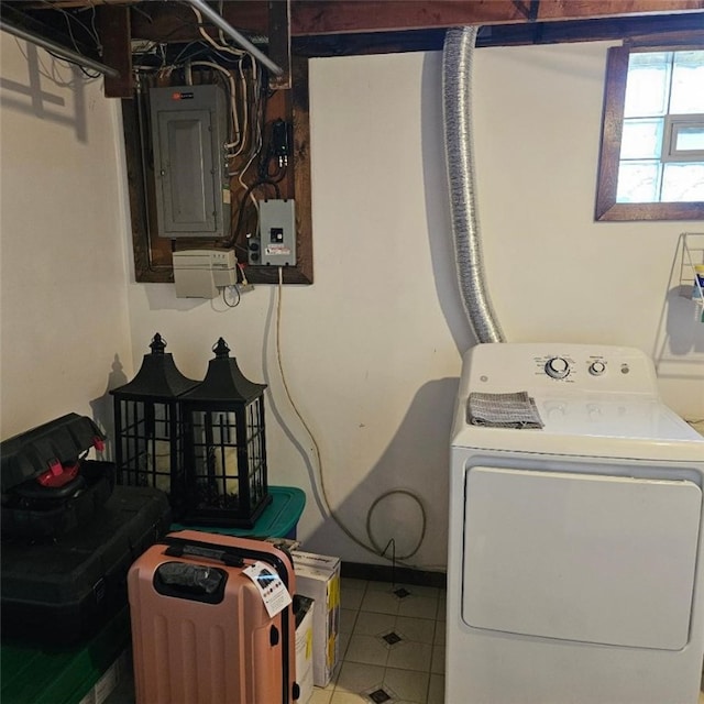 laundry room featuring washer / dryer, tile patterned flooring, laundry area, and electric panel