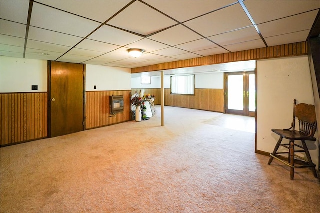 127 Stickle Rd, Chippewa Twp, PA 15010 - basement with wood walls, carpet floors, a wainscoted wall, and a paneled ceiling