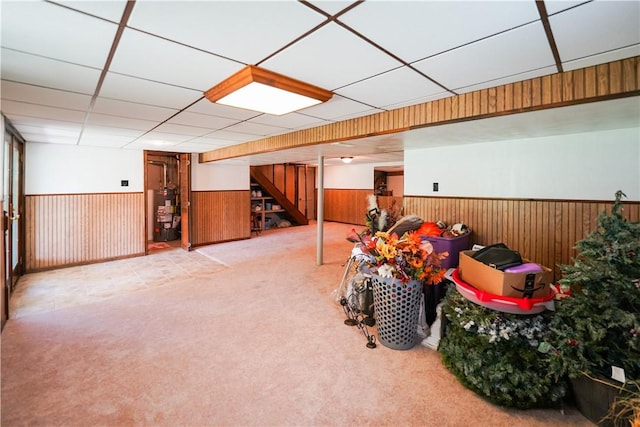 127 Stickle Rd, Chippewa Twp, PA 15010 - finished basement featuring water heater, carpet floors, wainscoting, stairway, and wood walls
