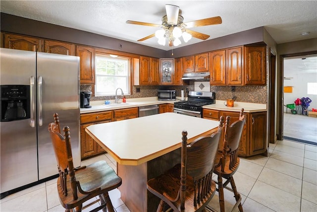 127 Stickle Rd, Chippewa Twp, PA 15010 - kitchen with appliances with stainless steel finishes, under cabinet range hood, a sink, brown cabinets, and decorative backsplash