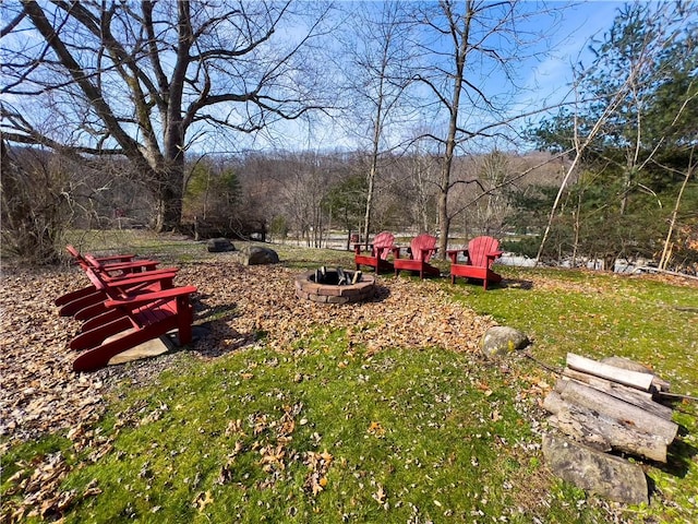 view of community featuring a fire pit and a view of trees